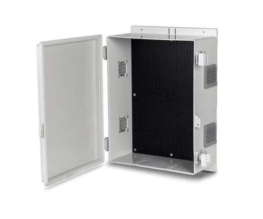 Open metal enclosure with mounted interior panel.