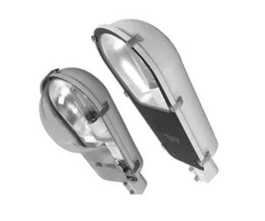 Two silver street-light fixtures on a white background.