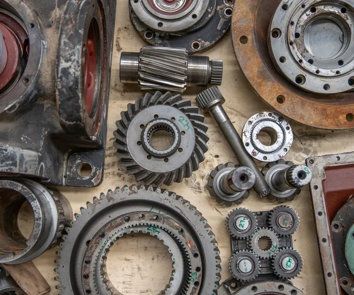 Metal gears, shafts and mechanical parts arranged on a work surface.